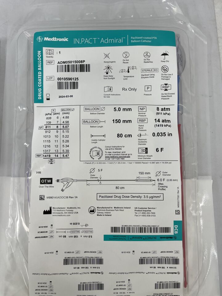 ADM05015008P - MEDTRONIC - IN.PACT Admiral Paclitaxel-coated PTA Balloon Catheter - OTW - 5.0mm x 150mm x 80cm, (EA) - ( Expiry Date: 2024-03-08 )