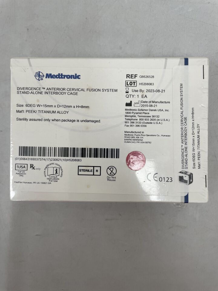 G6626528 - MEDTRONIC - Divergence Anterior Cervical Fusion System Stand-Alone Interbody Cage, 6 Degrees, 15 x 12 x 8mm, () - ( Expiry Date: 2023-08-21 )