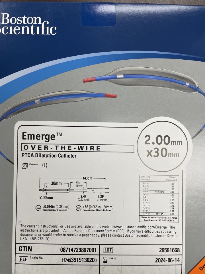 391913020 - BOSTON SCIENTIFIC - Emerge OTW PTCA Dilatation Catheter - 2.00mm x 30mm, (BX/1) - ( Expiry Date: 2024-06-14 )