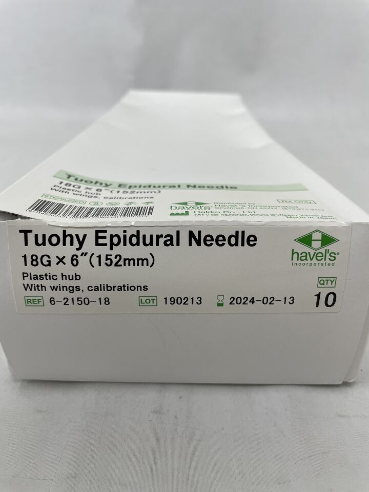 6-2150-18 - HAVEL'S - Tuohy Epidural Needle, Plastic Hub w/Wings, Calibrations 18G x 6", (BX/10) - ( Expiry Date: 2024-02-13 )