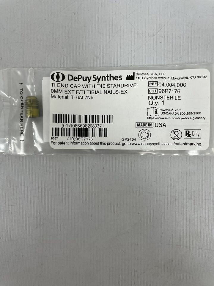 04.004.000 - SYNTHES - ti end cap with t40 stardrive 0mm ext f/ti tibial nails-ex, (EA) - ( Expiry Date: 2099-12-31 )