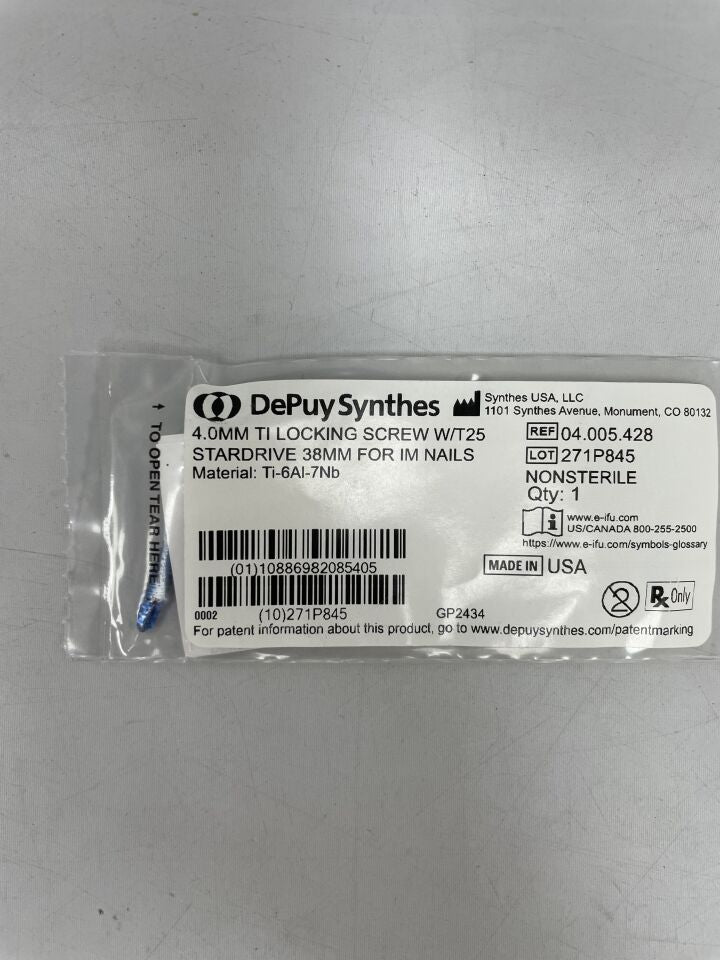 04.005.428 - SYNTHES - 4.0mm ti locking screw w/t25 stardrive 38mm for im nails, (EA) - ( Expiry Date: 2099-12-31 )