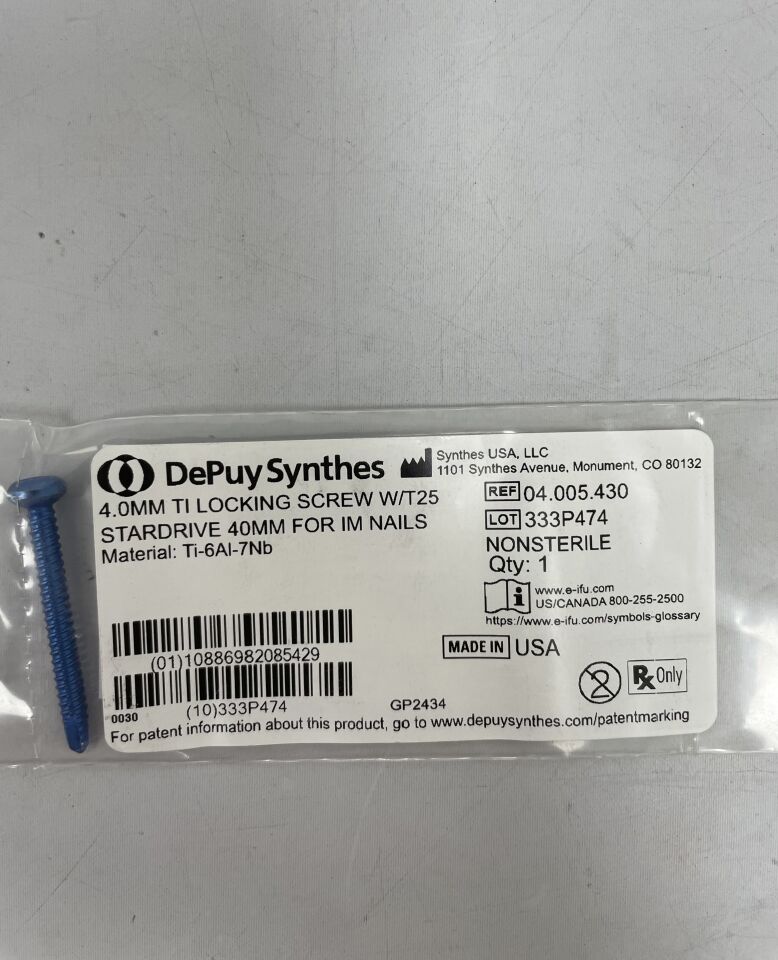 04.005.430 - SYNTHES - 4.0mm ti locking screw w/t25 stardrive 40mm for im nails, (EA) - ( Expiry Date: 2099-12-31 )