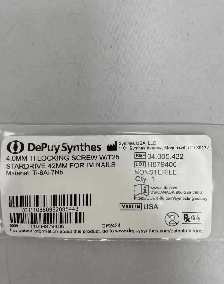 04.005.432 - SYNTHES - 4.0mm ti locking screw w/t25 stardrive 42mm for im nails, (EA) - ( Expiry Date: 2099-12-31 )