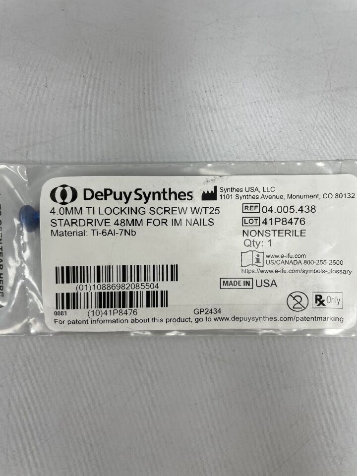 04.005.438 - SYNTHES - 4.0mm ti locking screw w/t25 stardrive 48mm for im nails, (EA) - ( Expiry Date: 2099-12-31 )