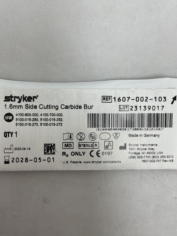 1607-002-103 - STRYKER - Taper Side Cutting Carbide Bur: 1.6mm , ( EA ) - ( Expiry Date : 2028-05-01 )