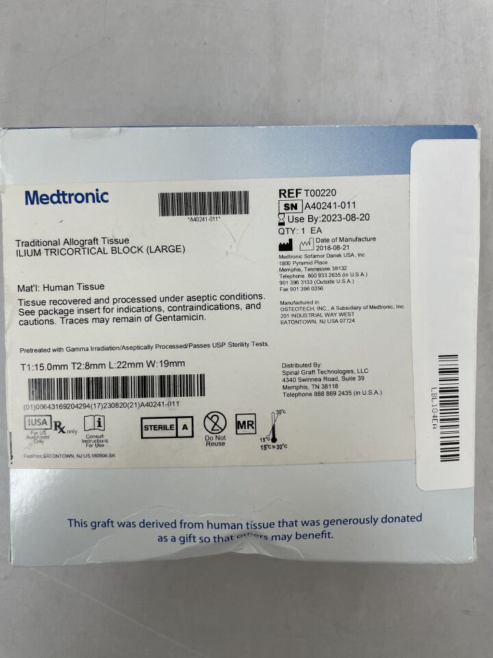 T00220 - MEDTRONIC - Traditional Allograft Tissue, ILIUM TRICORTICAL BLOCK , (BX/1) - ( Expiry Date: 2023-08-20 )