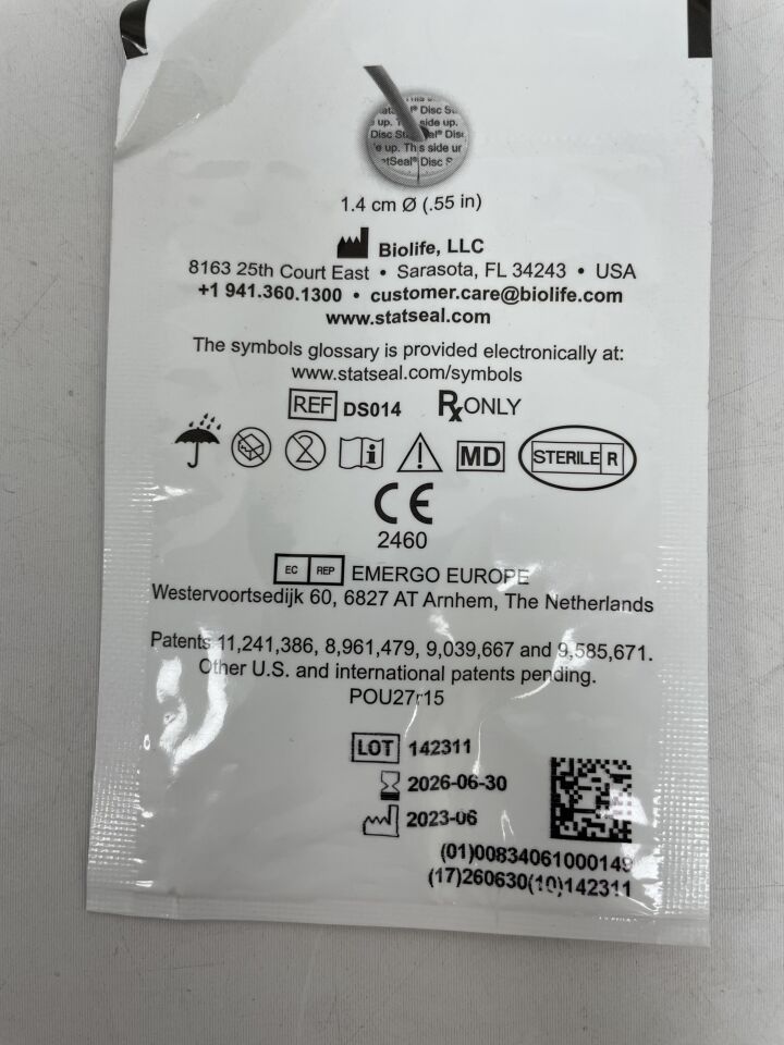 DS014 - BIOLIFE - StatSeal Topical Disc, Small 2.6-6Fr .55inch, (EA) - ( Expiry Date: 2026-06-30 )