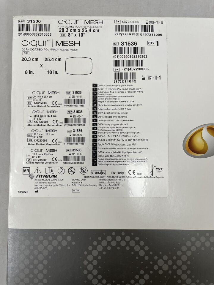 31536 - ATRIUM - c-qur o3fa coated polypropylene mesh, 20.3cm x 25.4cm, (EA) - ( Expiry Date: 2021-10-15 )