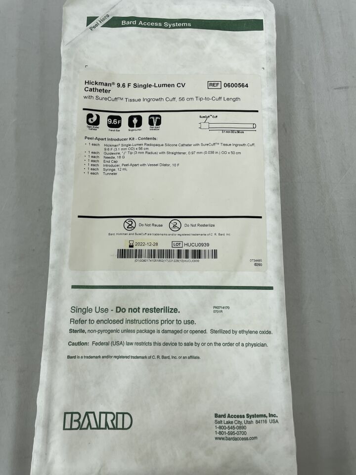 600564 - BARD - Hickman Single Lumen Catheter Tray, 9.6 Fr, (EA) - ( Expiry Date: 2022-12-28 )