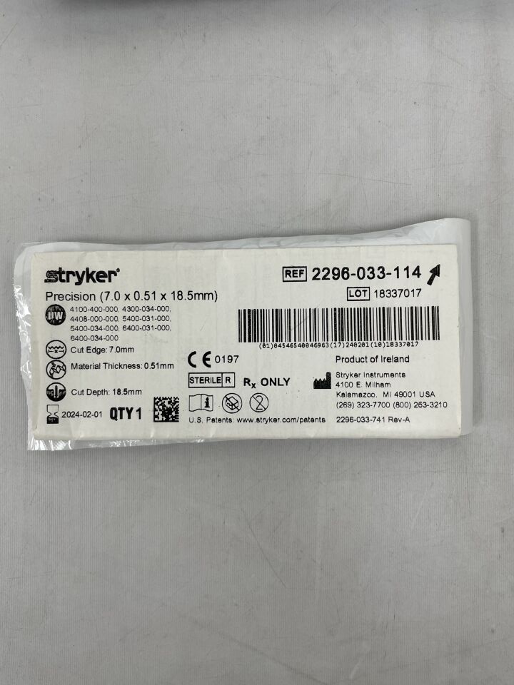 2296-033-114 - STRYKER - precision thick blade, medium, narrow 7mm x 0.51mm x 18.5mm, (EA) - ( Expiry Date: 2024-02-01 )