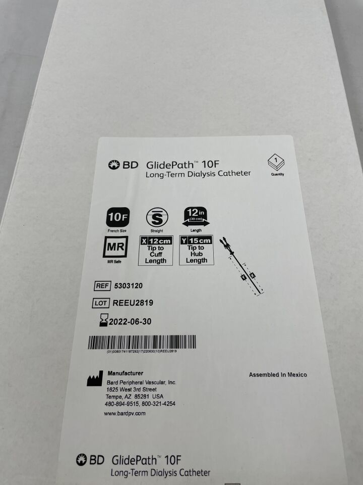 5303120 - BARD - GlidePath LT Hemodialysis Catheter, Straight, Polyurethane, Standard, AirGuard 10F x 12/15cm, (BX/1) - ( Expiry Date: 2022-06-30 )