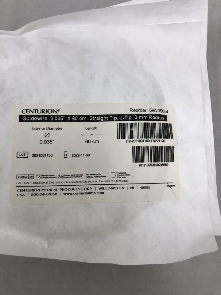 GW3560I - CENTURION - Guidewire, Straight Tip J-Tip, 3mm radius, 0.035in X 60cm, (EA)