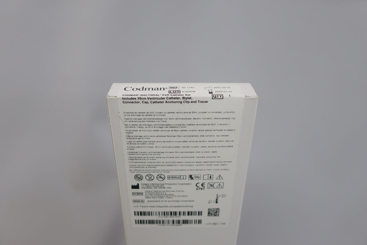 82-1745 - CODMAN - Bactiseal EVD Catheter Set, includes 35cm Ventricular Catheter, Stylet, Connector, Cap, Catheter Anchoring Clip and Trocar, (BX/1) - ( Expiry Date: 2024-06-30 )
