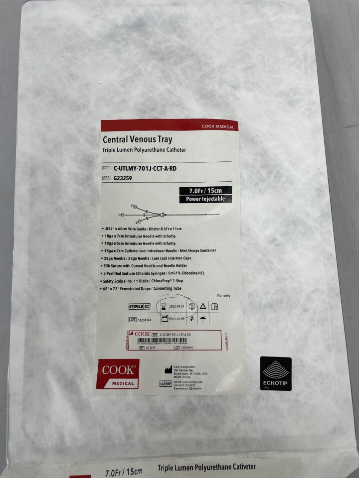G23259 - COOK - Triple Lumen CVC Tray, Standard, 7F x 15cm, (EA) - ( Expiry Date: 2022-01-01 )