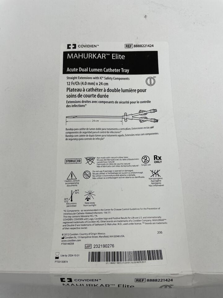 8888221424 - COVIDIEN - Mahurkar Elite Acute Dual Lumen CathTray 12Fr/Ch x 24cm, (BX/1) - ( Expiry Date: 2024-10-31 )