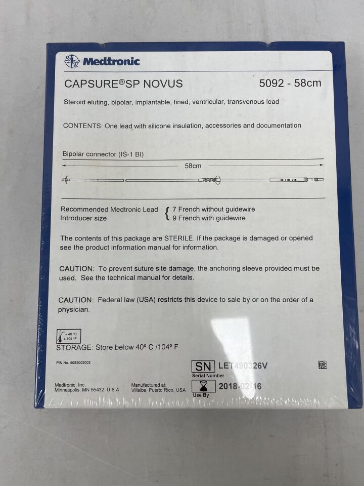 5092-58 - MEDTRONIC - CAPSURE SP NOVUS, Steroid eluting, Implantable, Tined, Ventricular, Transvenous Lead, 58cm, (BX/1) - ( Expiry Date: 2018-02-16 )