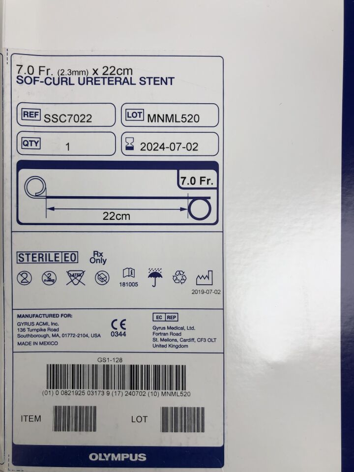 SSC7022 - OLYMPUS - SOF-CURL URETERAL STENT, 7.0Fr x 22cm , (BX/1) - ( Expiry Date: 2024-07-02 )