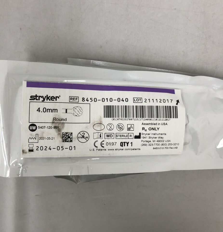 8450-010-040 - STRYKER - Round Bur, 4.0mm, Lilac, 13cm Shank, (EA) - ( Expiry Date: 2024-05-01 )