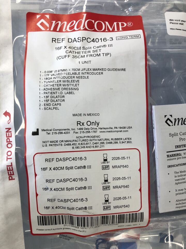 DASPC4016-3 - MEDCOMP - Juego de catéter Split Cath III, 16F x 40 cm, manguito a 35 cm de la punta, (unidad) - (Fecha de caducidad: 11/05/2026)