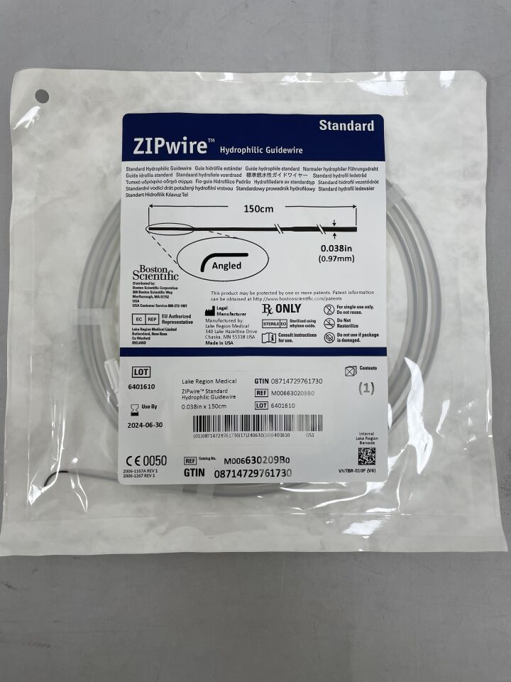 630209B - BOSTON SCIENTIFIC - ZIPwire Hydrophilic guidewire, 150cm x 0.038 inch, Angled tip, (EA) - ( Expiry Date: 2024-06-30 )