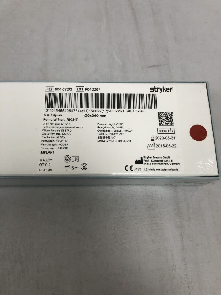 1851-0936S - STRYKER - Femoral Nail, RIGHT, 9mm diameter X 360mm, (BX/1) - ( Expiry Date: 2020-05-31 )