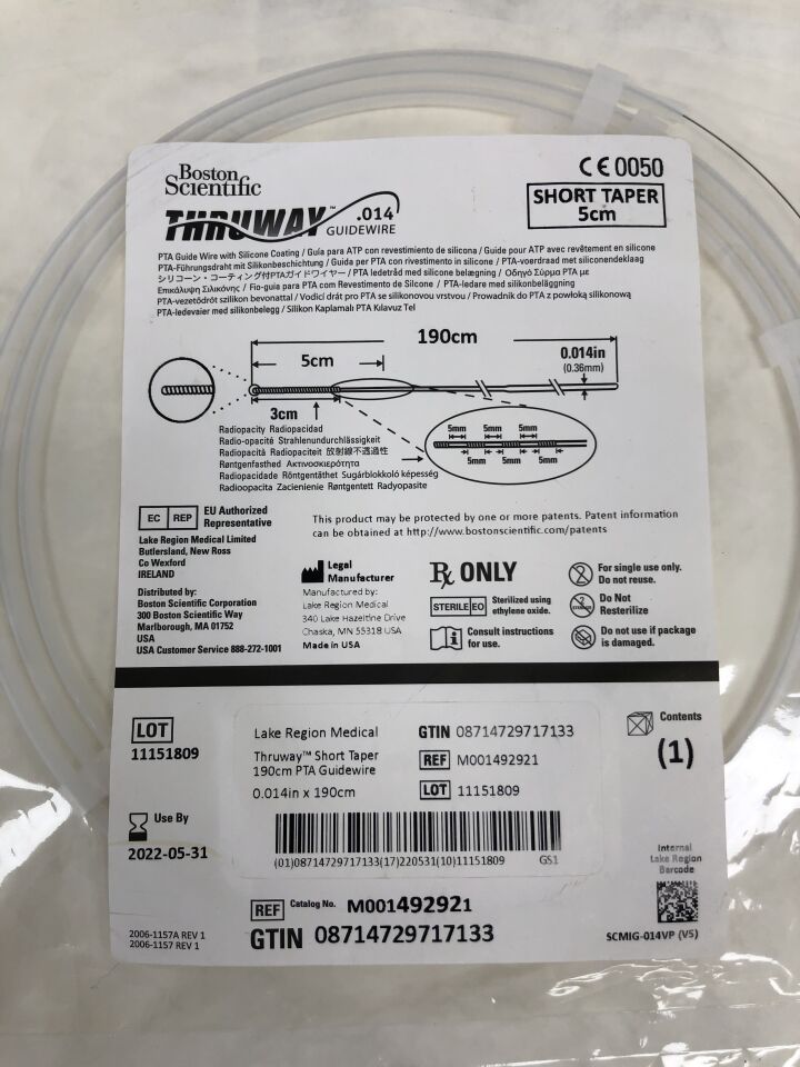 49292 - BOSTON SCIENTIFIC - Thruway PTA Guidewire, Short Taper, 0.014in x 190cm, () - ( Expiry Date: 2022-05-31 )