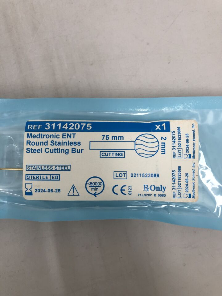 31142075 - MEDTRONIC - Xomed Round Stainless Steel Cutting Bur, 6 Flutes For use up to 80,000 rpm 2mm x 75mm, (EA) - ( Expiry Date: 2024-06-25 )