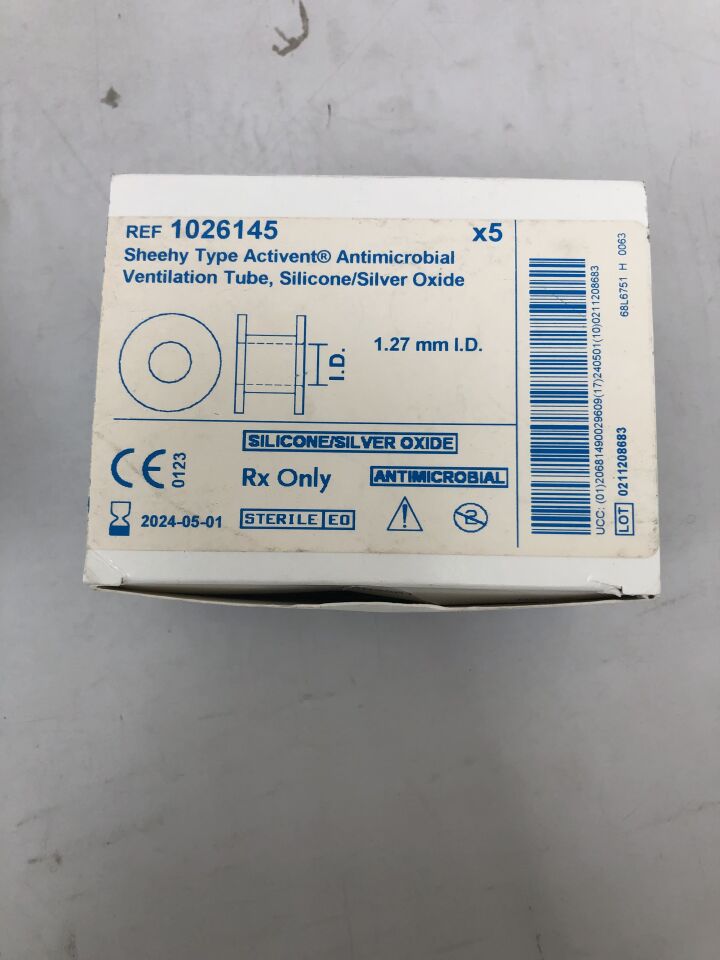 1026145 - MEDTRONIC - Sheehy Type Activent Antimicrobial Ventilation Tube, Silicone/Silver Oxide 1.27mm, () - ( Expiry Date: 2024-05-01 )
