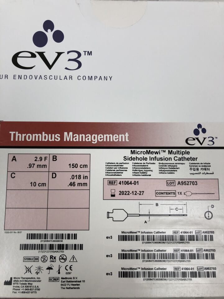 41064-01 - MICRO THERAPEUTICS - MicroMewi Multiple Sidehole Infusion Catheter, 150cm length, 2.9F, 10cm, (BX/1) - ( Expiry Date: 2022-12-27 )