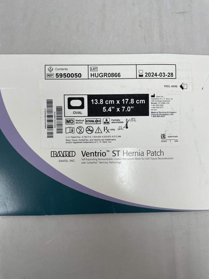 5950050 - BARD - Mesh Ventrio ST Hernia Patch, Large Oval 13.8cm x 17.8cm, (EA) - ( Expiry Date: 2024-03-28 )