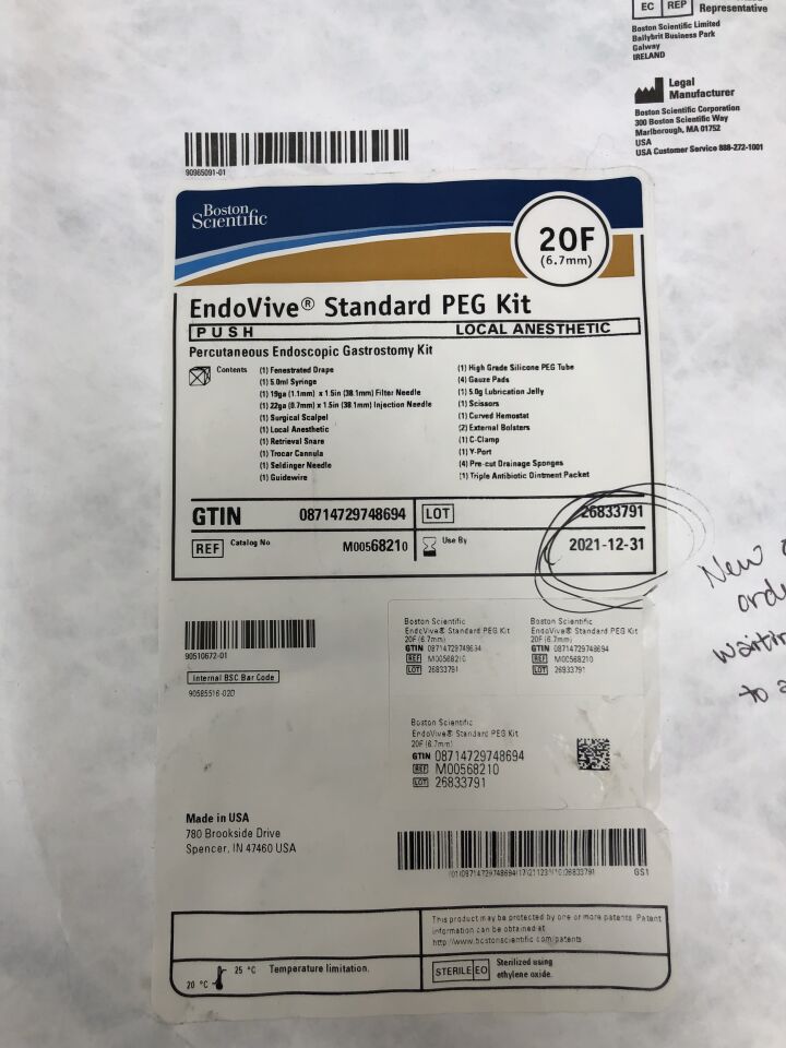 6821 - BOSTON SCIENTIFIC - EndoVive Standard Percutaneous Endoscopic Gastrostomy Kit, 20F, () - ( Expiry Date: 2021-12-31 )