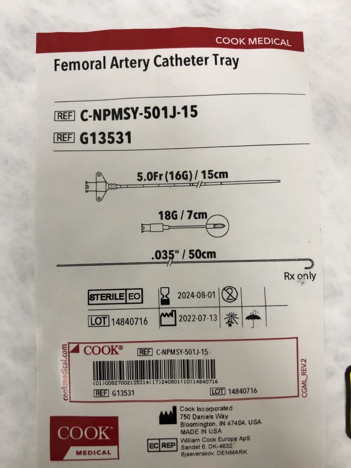G13531 - COOK - Femoral Artery Catheter Tray, 5F, 18G, 0.035in, (EA) - ( Expiry Date: 2024-08-01 )