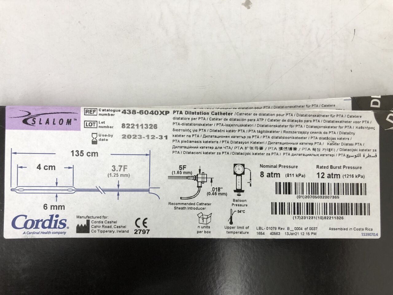 438-6040XP - CORDIS - Slalom PTA Dilatation Catheter, 135cm length, 3.7F, (BX/1) - ( Expiry Date: 2023-12-31 )