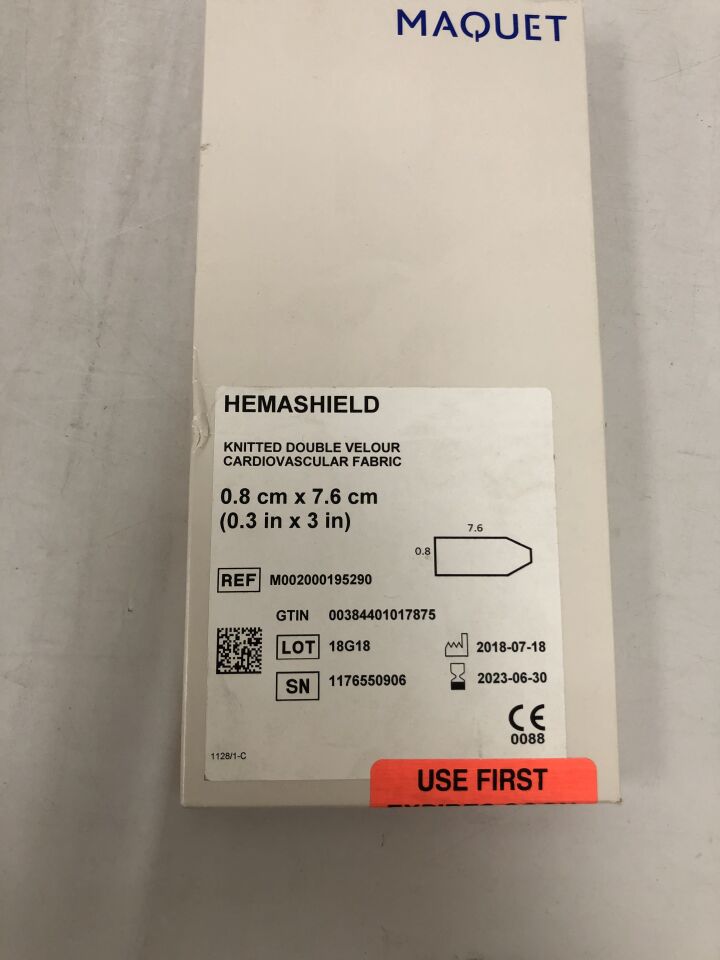 M002000195290 - MAQUET - HemaShield Knitted Double Velour Cardiovascular Fabric, 0.8cm X 7.6cm, (BX/1) - ( Expiry Date: 2023-06-30 )