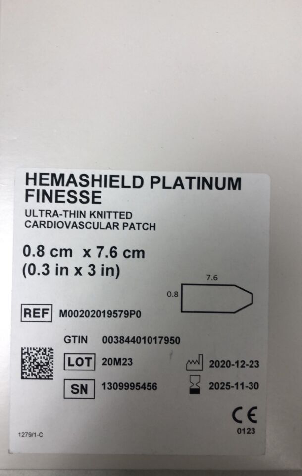 M00202019579P0 - MAQUET - HemaShield Platinum Finesse Ultra-Thin Knitted Cardiovascular Patch, 0.8cm X 7.6cm, (BX/1) - ( Expiry Date: 2023-11-30 )