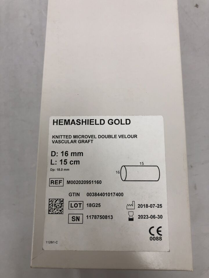 M002020951160 - MAQUET - HemaShield Gold Knitted Microvel Double Velour Vascular Graft, 16mm X 15cm length, (BX/1) - ( Expiry Date: 2023-06-30 )