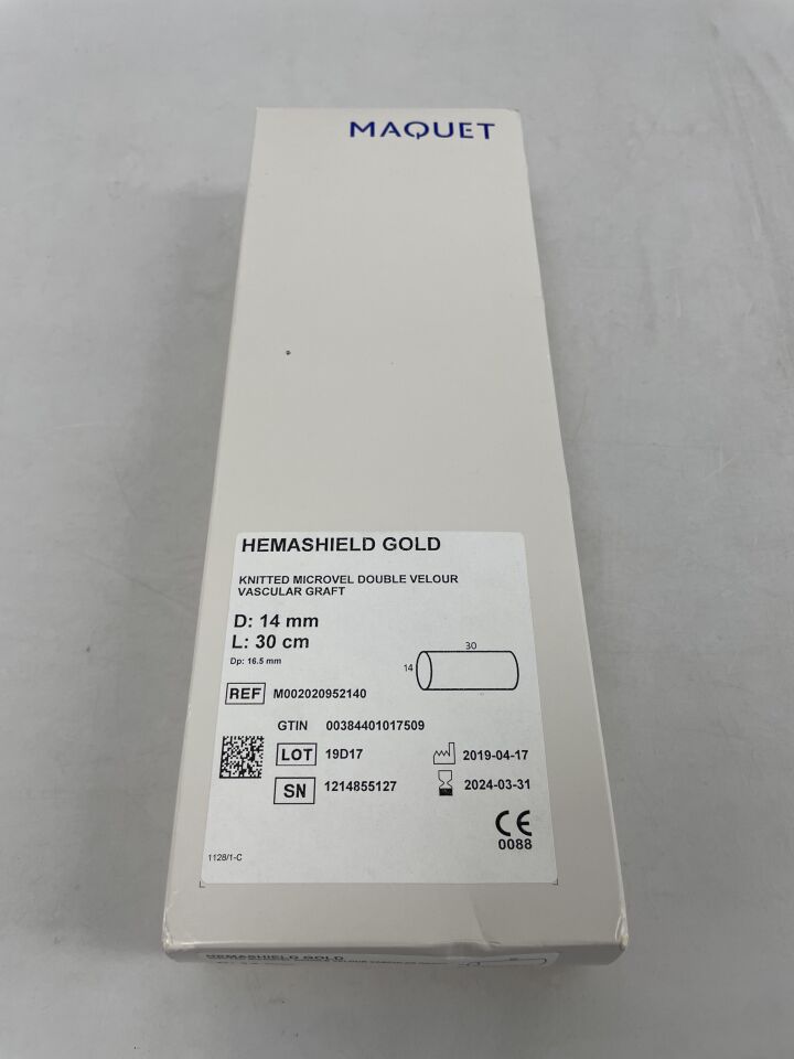 M002020952140 - MAQUET - HemaShield Gold Knitted Microvel Double Velour Vascular Graft, 14mm X 30cm length, (BX/1) - ( Expiry Date: 2023-06-30 )