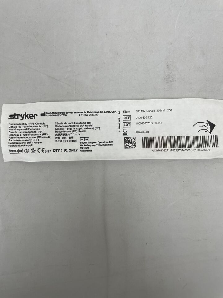 0406-630-125 - STRYKER - rf cannula, hf-surgery, 20g x 100mm, 10mm tip, curved, (EA) - ( Expiry Date: 2024-03-01 )