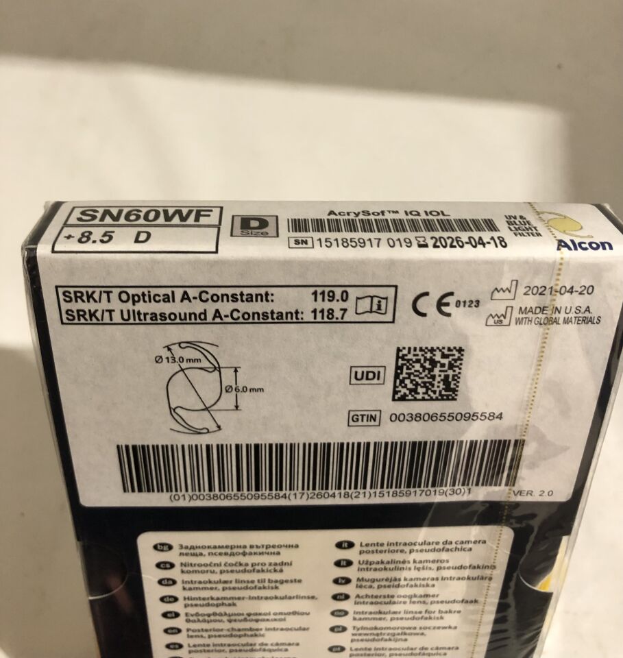 SN60WF085 - ALCON - Lente intraocular AcrySof IQ, +8,5 D, Constante A óptica: 119,0, Constante A ultrasónica: 118,7, 13,0 mm x 6,0 mm, (caja/1) - (Fecha de caducidad: 18/04/2026)