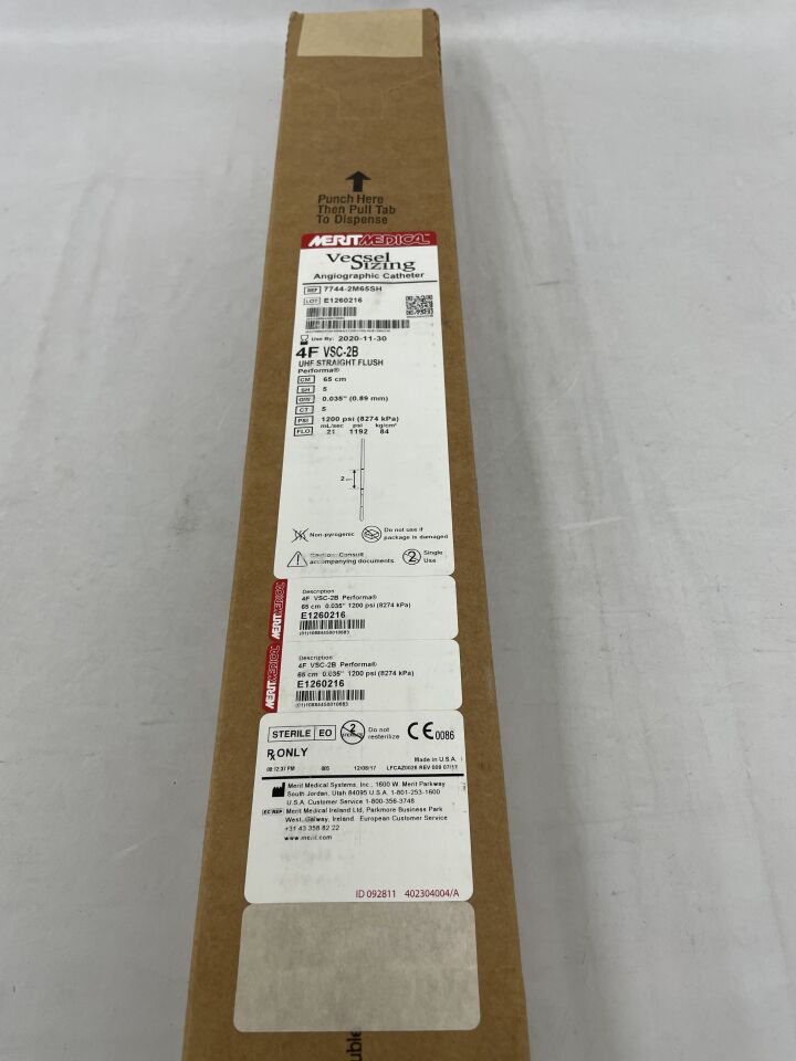 7744-2M65SH - MERIT MEDICAL - VESSEL SIZING Angiographic Catheter, UHF Straight Flush, Performa, 4F, (BX/5) - ( Expiry Date: 2020-11-30 )