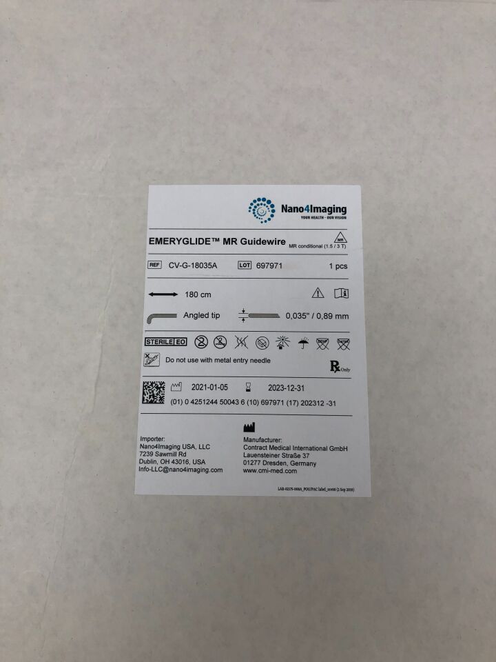 CV-G-18035A - CONTRACT MEDICAL - Emeryglide MR Guidewire, 180cm, Angled tip, 0.035in opening, (BX/1) - ( Expiry Date: 2023-12-31 )