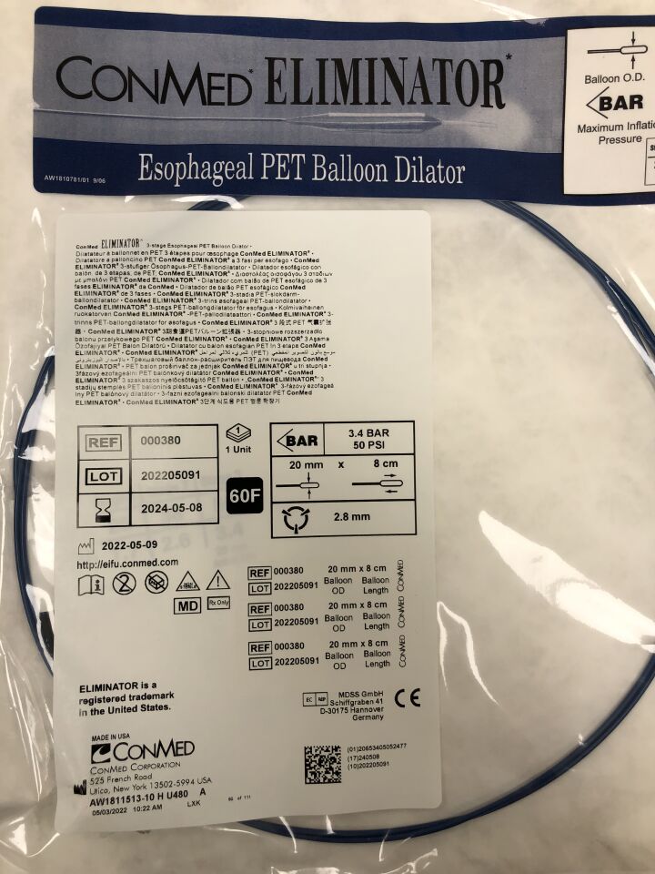 380 - CONMED - ELIMINATOR 3-Stage Esophageal PET Balloon Dilator, 20 mm x 8 cm, 60F, (EA) - ( Expiry Date: 2024-05-08 )