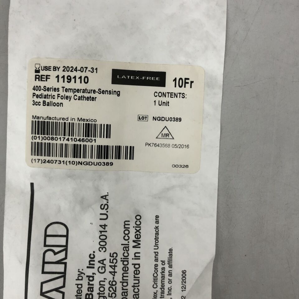 119110 - BARD - 400-Series Temperature-Sensing Pediatric Foley Catheter, 3cc Balloon, 10Fr, (EA) - ( Expiry Date: 2024-07-31 )