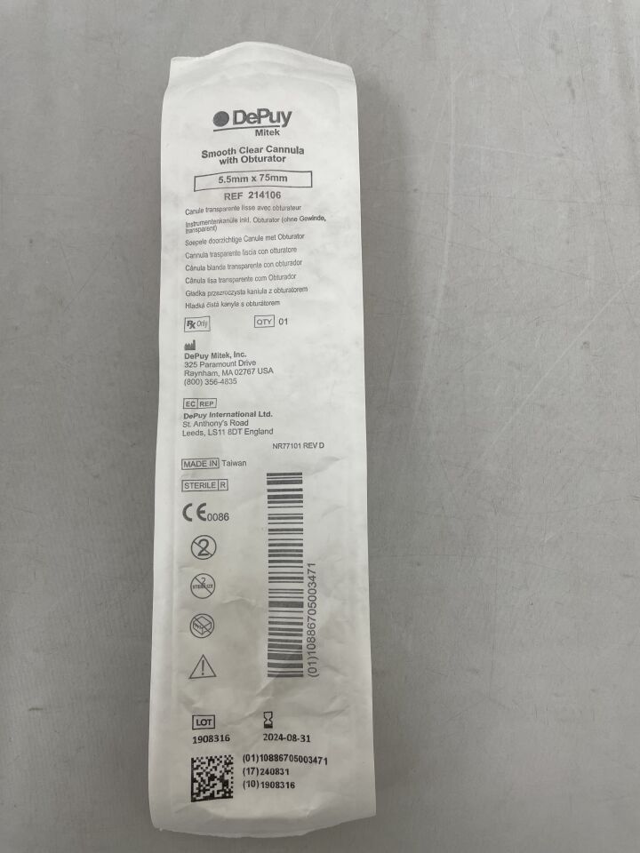 214106 - DEPUY - smooth clear cannula with obturator, 5.5mm x 75mm, (EA) - ( Expiry Date: 2024-08-31 )