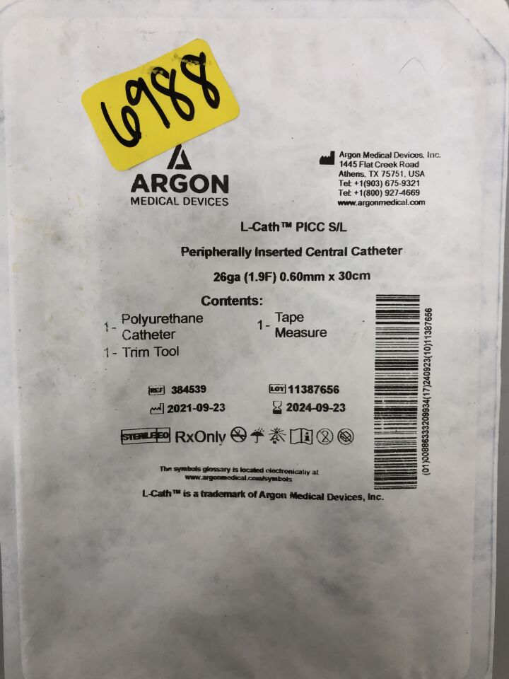 384539 - ARGON - L-Cath PICC S/L Peripherally Inserted Central Catheter, 26Ga (1.9F) 0.60mm x 30cm 26GA (1.9F) x 30cm, () - ( Expiry Date: 2024-09-23 )
