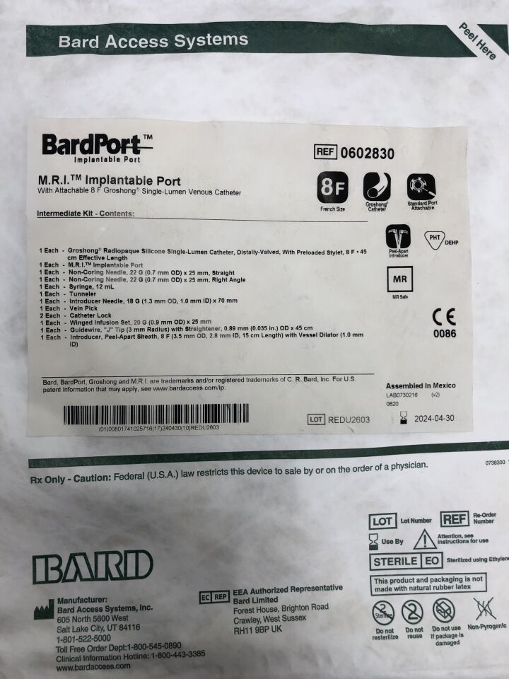 602830 - BARD - M.R.I. Implantable Port with Attachable 8F Groshong Single-Lumen Venous Catheter Intermediate Kit, (EA) - ( Expiry Date: 2024-04-30 )