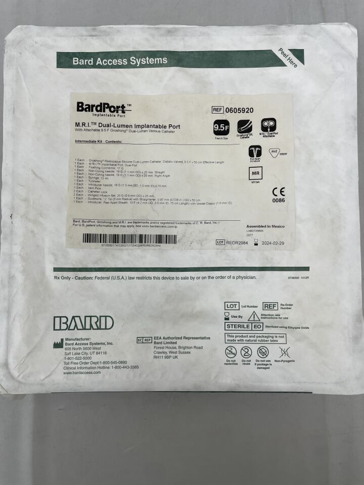 605920 - BARD - MRI Dual-Lumen Implantable Port 9.5F Attachable Groshong, Peel-Apart, (EA) - ( Expiry Date: 2024-02-29 )