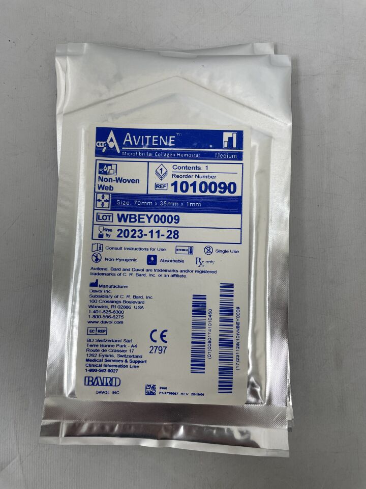 1010090 - BARD - Avitene Microfibrillar Collagen Hemostat Sheet (Non-Woven Web) 70mm x 35mm (2.8" x 1.4")
, () - ( Expiry Date: 2023-11-28 )