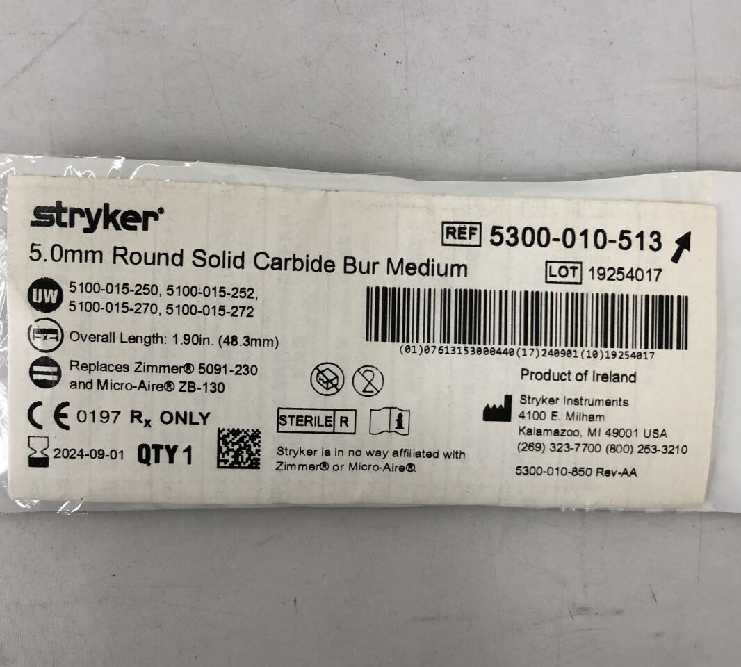 5300-010-513 - STRYKER - 5.0mm Round Solid Carbide Bur, Medium, 1.90" Length, (EA) - ( Expiry Date: 2024-09-01 )